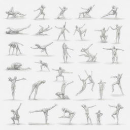 A series of sketches showcasing various human poses, emphasizing on the dynamics of the human figure in action, rest and different postures.