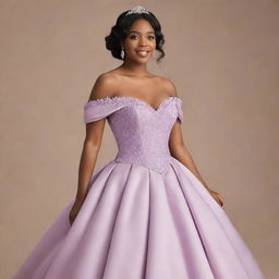 Image of a medium-sized woman, dressed for prom in a modernized off-shoulder gown in color HEX: #fbdce6. The gown takes inspiration from Charlotte's dress in Princess and the Frog and Bridgerton's fashion, with a corset-like top.