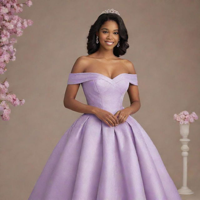 Image of a medium-sized woman, dressed for prom in a modernized off-shoulder gown in color HEX: #fbdce6. The gown takes inspiration from Charlotte's dress in Princess and the Frog and Bridgerton's fashion, with a corset-like top.