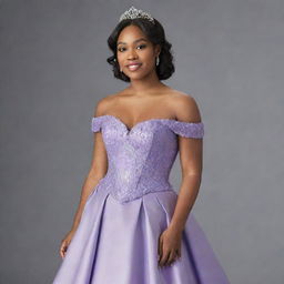 Image of a medium-sized woman, dressed for prom in a modernized off-shoulder gown in color HEX: #fbdce6. The gown takes inspiration from Charlotte's dress in Princess and the Frog and Bridgerton's fashion, with a corset-like top.