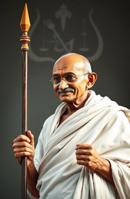 A dignified image of Mahatma Gandhi, holding a traditional staff, symbolizing peace and leadership