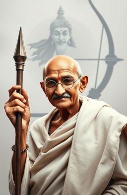 A dignified image of Mahatma Gandhi, holding a traditional staff, symbolizing peace and leadership