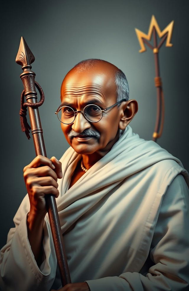 A dignified image of Mahatma Gandhi, holding a traditional staff, symbolizing peace and leadership