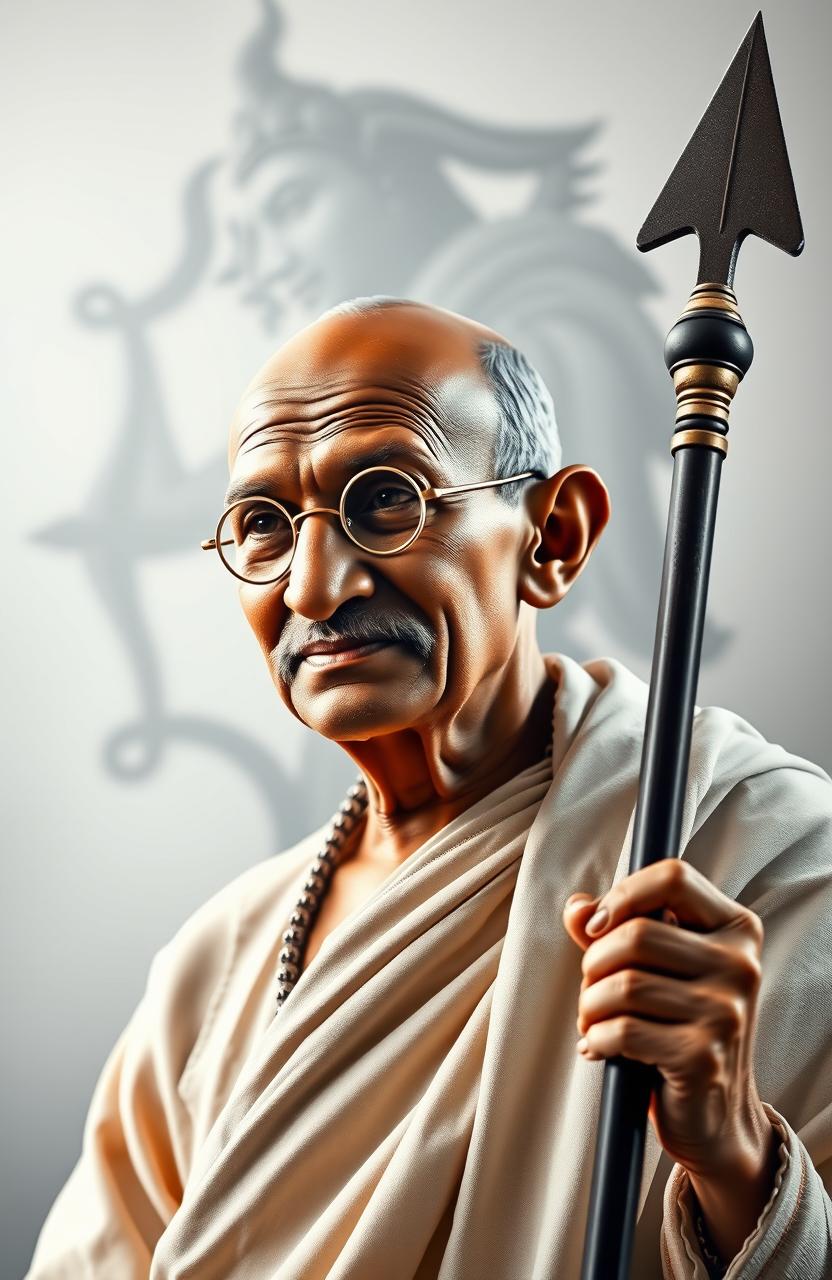 A dignified image of Mahatma Gandhi, holding a traditional staff, symbolizing peace and leadership