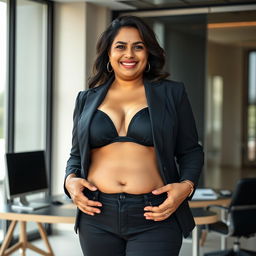 A realistic image of a beautiful mature chubby thick Indian woman aged 40, wearing a black bra and low waist black tight jeans paired with red heels