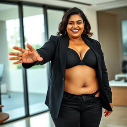 A realistic image of a beautiful mature chubby thick Indian woman aged 40, wearing a black bra and low waist black tight jeans paired with red heels
