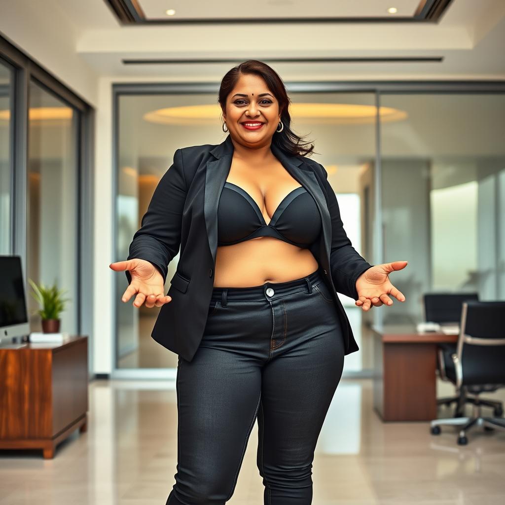 A realistic image of a beautiful mature chubby thick Indian woman aged 40, wearing a black bra and low waist black tight jeans paired with red heels