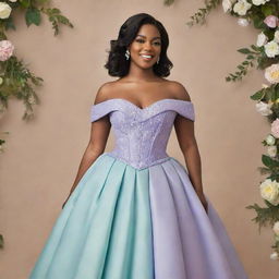 Image of a medium-sized woman, dressed for prom in a modernized off-shoulder gown in color HEX: #fbdce6. The gown takes inspiration from Charlotte's dress in Princess and the Frog and Bridgerton's fashion, with a corset-like top.