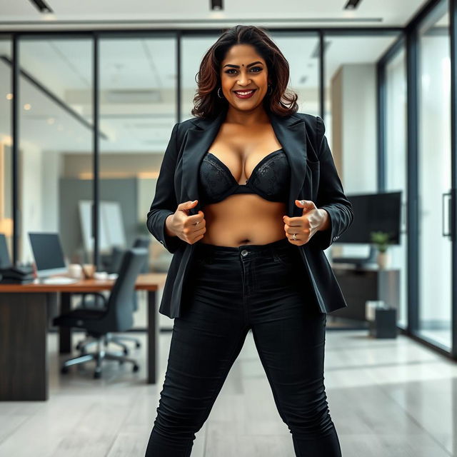 A realistic image of a beautiful mature chubby thick Indian woman aged 40, wearing a black bra and low waist black tight jeans paired with red heels