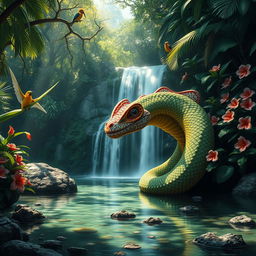 A majestic hydra with multiple colorful heads, each featuring unique patterns and textures, resting near a serene tropical waterfall surrounded by lush green foliage and vibrant flowers