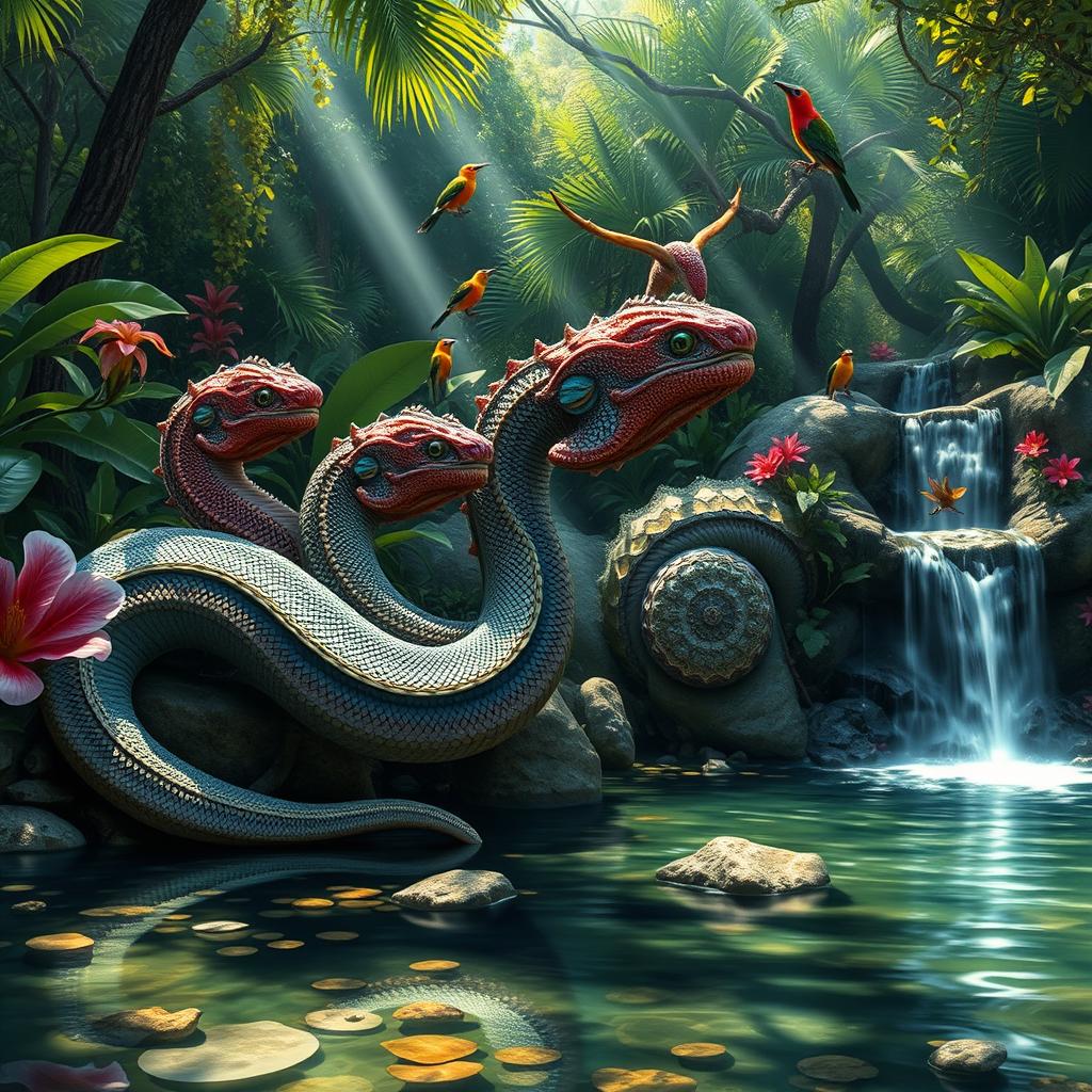 A majestic hydra with multiple colorful heads, each featuring unique patterns and textures, resting near a serene tropical waterfall surrounded by lush green foliage and vibrant flowers