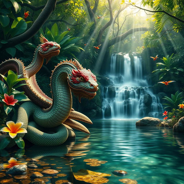 A majestic hydra with multiple colorful heads, each featuring unique patterns and textures, resting near a serene tropical waterfall surrounded by lush green foliage and vibrant flowers