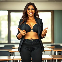 A realistic image of a beautiful mature slightly chubby Indian woman aged 40, wearing a black bra and low waist black tight jeans paired with red heels
