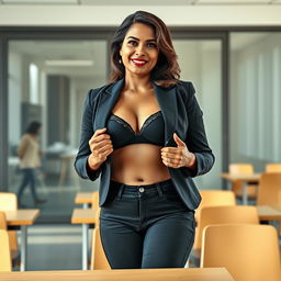 A realistic image of a beautiful mature slightly chubby Indian woman aged 40, wearing a black bra and low waist black tight jeans paired with red heels