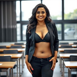 A realistic image of a beautiful mature slightly chubby Indian woman aged 40, wearing a black bra and low waist black tight jeans paired with red heels