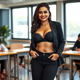 A realistic image of a beautiful mature slightly chubby Indian woman aged 40, wearing a black bra and low waist black tight jeans paired with red heels