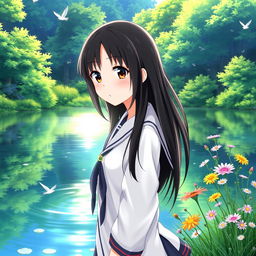 Shoko Komi, a character with long black hair and striking features, stands gracefully by a tranquil lake surrounded by a lush green forest