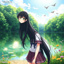 Shoko Komi, a character with long black hair and striking features, stands gracefully by a tranquil lake surrounded by a lush green forest