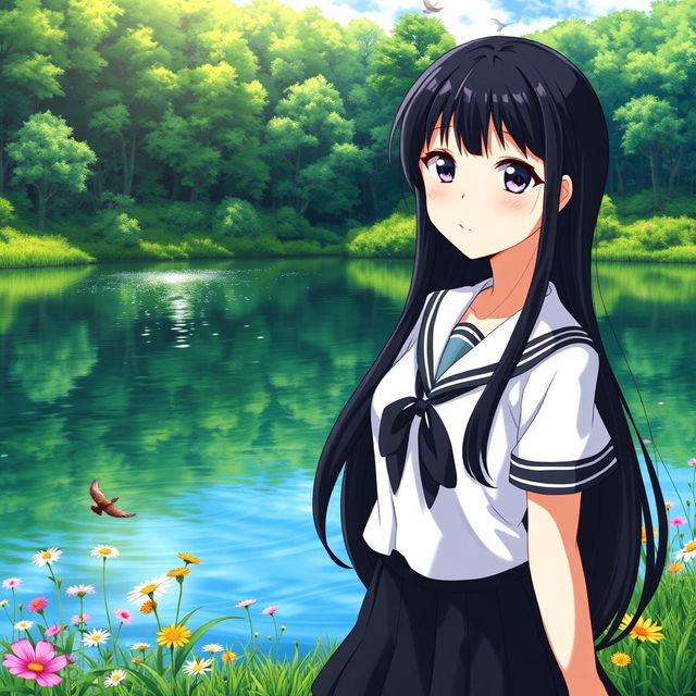 Shoko Komi, a character with long black hair and striking features, stands gracefully by a tranquil lake surrounded by a lush green forest