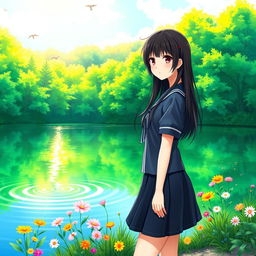 Shoko Komi, a character with long black hair and striking features, stands gracefully by a tranquil lake surrounded by a lush green forest