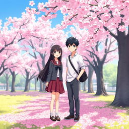 Shoko Komi and Tadano standing together in a peaceful park setting, surrounded by cherry blossom trees in full bloom