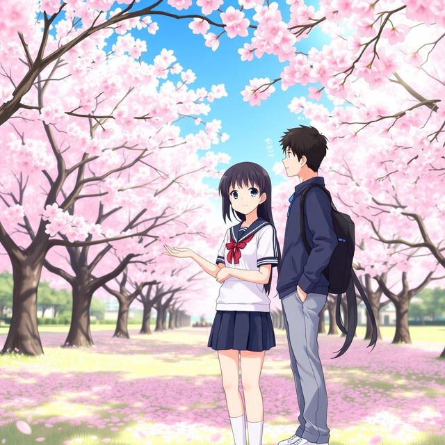 Shoko Komi and Tadano standing together in a peaceful park setting, surrounded by cherry blossom trees in full bloom