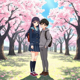 Shoko Komi and Tadano standing together in a peaceful park setting, surrounded by cherry blossom trees in full bloom