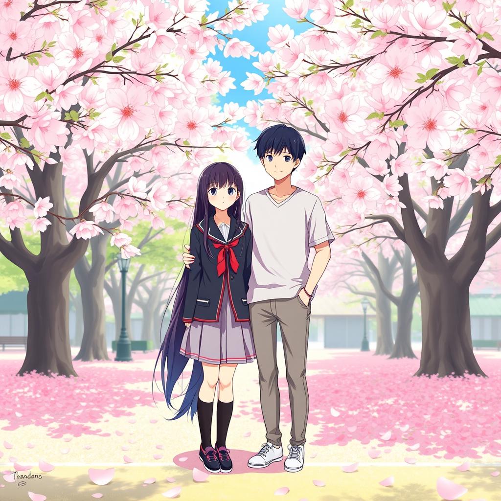 Shoko Komi and Tadano standing together in a peaceful park setting, surrounded by cherry blossom trees in full bloom