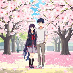 Shoko Komi and Tadano standing together in a peaceful park setting, surrounded by cherry blossom trees in full bloom