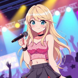 A stylized anime character inspired by Taylor Swift, featuring long, flowing blonde hair and bright blue eyes