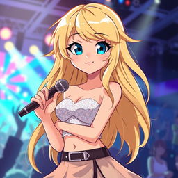 A stylized anime character inspired by Taylor Swift, featuring long, flowing blonde hair and bright blue eyes