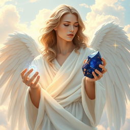 An androgynous angel with ethereal wings, subtly blending masculine and feminine features, wearing flowing white robes that drape elegantly