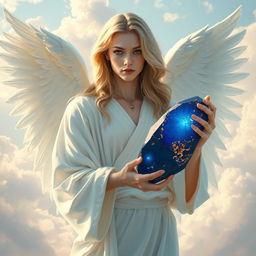 An androgynous angel with ethereal wings, subtly blending masculine and feminine features, wearing flowing white robes that drape elegantly
