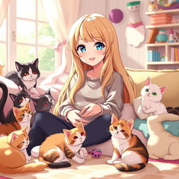 An anime-style character inspired by Taylor Swift, featuring long, flowing blonde hair and bright blue eyes, surrounded by adorable cats of various breeds