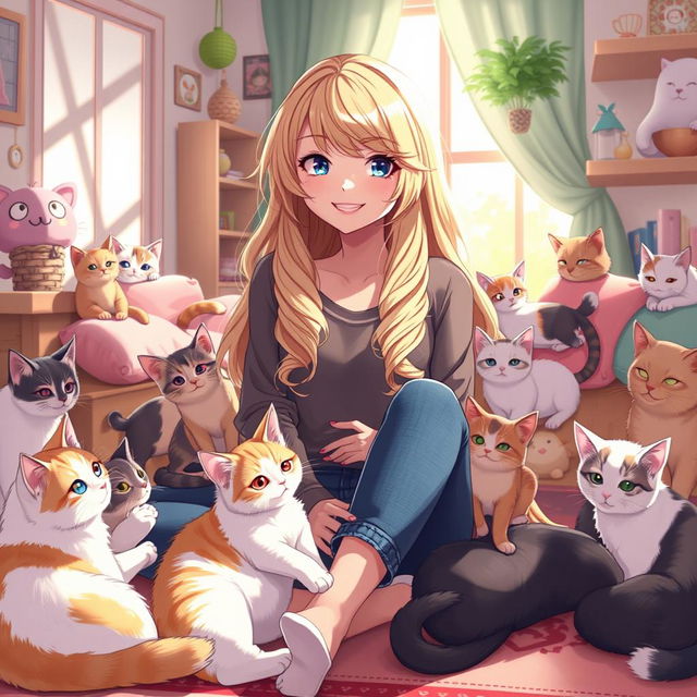 An anime-style character inspired by Taylor Swift, featuring long, flowing blonde hair and bright blue eyes, surrounded by adorable cats of various breeds