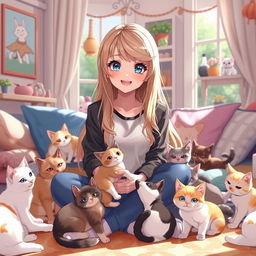 An anime-style character inspired by Taylor Swift, featuring long, flowing blonde hair and bright blue eyes, surrounded by adorable cats of various breeds