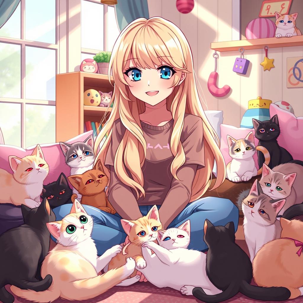 An anime-style character inspired by Taylor Swift, featuring long, flowing blonde hair and bright blue eyes, surrounded by adorable cats of various breeds