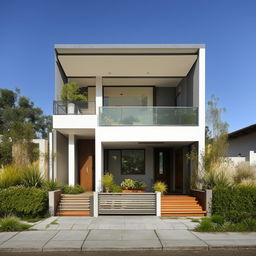 Contemporary two-story house with a car garage, small front garden, waiting room, living room, combined kitchen and dining area, and laundry room on the first floor, plus three bedrooms and a family room on the second floor.