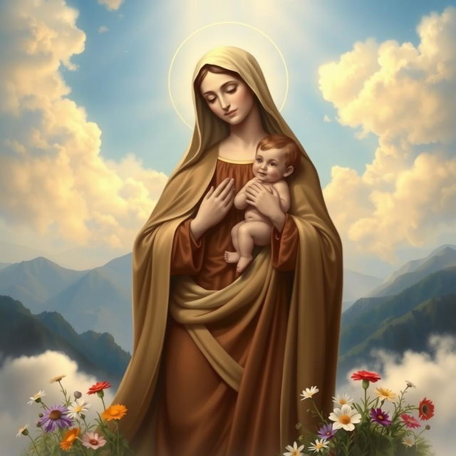 A serene and compassionate depiction of Our Lady of Mount Carmel, surrounded by soft, ethereal clouds glowing in gentle sunlight