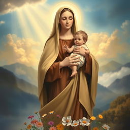 A serene and compassionate depiction of Our Lady of Mount Carmel, surrounded by soft, ethereal clouds glowing in gentle sunlight