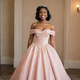 A medium-sized woman dressed for prom in a modern, full, off-shoulder, salmon pink gown. This dress merges elements from Charlotte's dress in Princess and the Frog and the vintage fashion of Bridgerton, complete with a corset-like top.