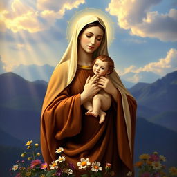 A serene and compassionate depiction of Our Lady of Mount Carmel, surrounded by soft, ethereal clouds glowing in gentle sunlight