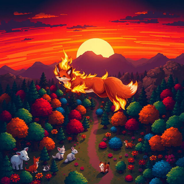 Aerial view of a vibrant pixel art scene featuring an ignited fox