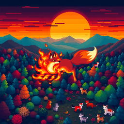 Aerial view of a vibrant pixel art scene featuring an ignited fox