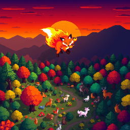 Aerial view of a vibrant pixel art scene featuring an ignited fox