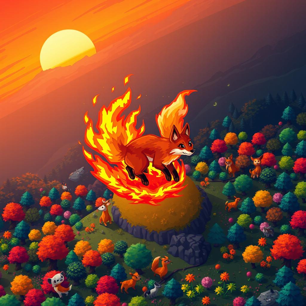 Aerial view of a vibrant pixel art scene featuring an ignited fox