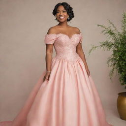 A medium-sized woman dressed for prom in a modern, full, off-shoulder, salmon pink gown. This dress merges elements from Charlotte's dress in Princess and the Frog and the vintage fashion of Bridgerton, complete with a corset-like top.