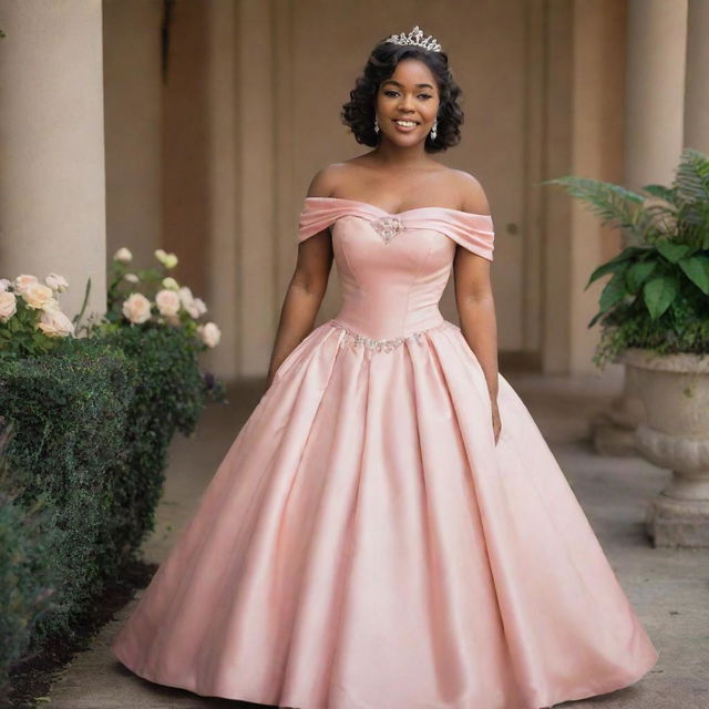 A medium-sized woman dressed for prom in a modern, full, off-shoulder, salmon pink gown. This dress merges elements from Charlotte's dress in Princess and the Frog and the vintage fashion of Bridgerton, complete with a corset-like top.