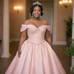 A medium-sized woman dressed for prom in a modern, full, off-shoulder, salmon pink gown. This dress merges elements from Charlotte's dress in Princess and the Frog and the vintage fashion of Bridgerton, complete with a corset-like top.