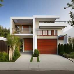 Contemporary two-story house with a car garage, small front garden, waiting room, living room, combined kitchen and dining area, and laundry room on the first floor, plus three bedrooms and a family room on the second floor.